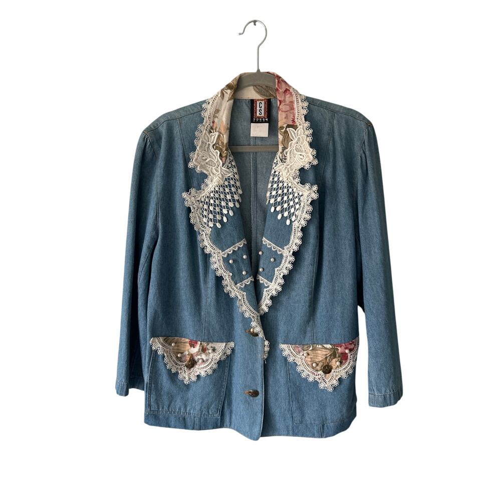 VTG Choon Sport Denim Lace Pearl Accent Blazer Made in the USA 14